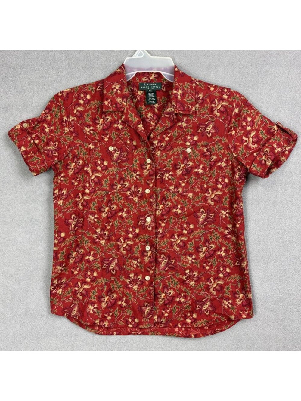 Lauren Ralph Lauren Red Floral Linen Button Top shirt size PM length 23 in